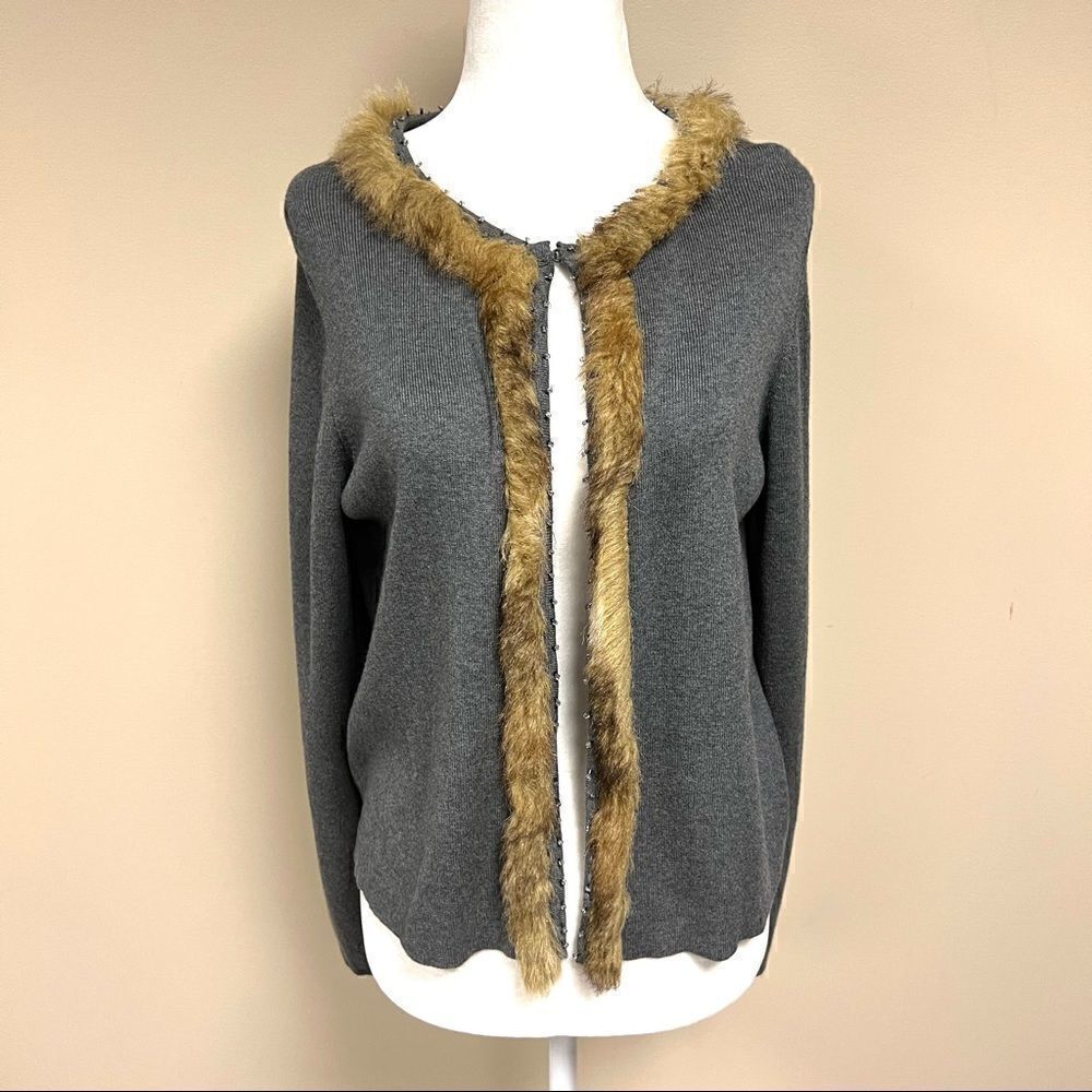 Chicos grey cardigan with faux fur/ beaded trim Sz 2 ( Med)
